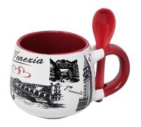 CUCUBA Tazzina da Caffè in Ceramica con Cucchiaino Rosso Integrato Design Artistico Venezia con Illustrazioni Ponte di Rialto Canal Grande San Marco 90ml Lavabile