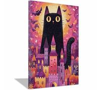 CUDAOO Pictures Decorazioni murali Poster di Halloween in tela spettrale Città dei Gatti Notte arte della parete per casa, festa, di celebrazione(Rosso viola medio241)-20x30cm Incorniciato