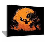 CUDAOO Pictures Decorazioni murali Poster di Halloween in tela spettrale Due streghe che volano arte della parete per casa, festa, di celebrazione(dorato67)-60x90cm Incorniciato