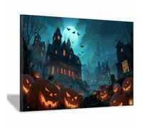 CUDAOO Pictures Decorazioni murali Poster di Halloween in tela spettrale Notte della città della zucca arte della parete per casa, festa, di celebrazione(arancione85)-70x100cm Incorniciato