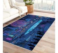 CUDAOO Tappetino a pelo corto vintage per interni pieghevole Città fantascientifica per soggiorno, camera da letto, cucina, antiscivolo(blu)-180x240cm