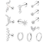 CUEMOON 12Pcs Piercings Orecchini in acciaio chirurgico, orecchini a perno per le donne Orecchini, orecchini a perno per orecchio Set di cartilagine elica Tragus Piercing Orecchio Gioie (Argento)