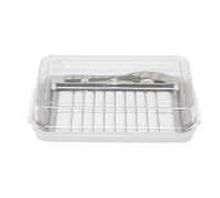 Cufaee Butter Cutter Container, Stainless Steel Cheese Keeper Box with Transparent Cover, Cutter Style Butter Case for Kitchen (Butter grid cutting box (white bottom)