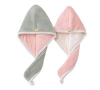 Cuffia assorbente per capelli asciutti su entrambi i lati, in velluto corallo ispessito e chiusura a bottone regolabile per una vestibilità sicura e un'asciugatura rapida (verde + bianco rosa)