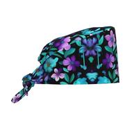 Cuffia chirurgica con fiori viola e foglia di tè, foderata in raso e regolabile, ideale per uomini e donne, nero, taglia unica