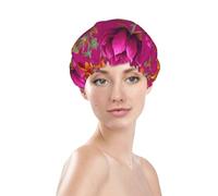 Cuffia da a con stampa di motivi orientali botanici arancioni magenta, foderata a doppio strato, impermeabile, per il bagno e la a