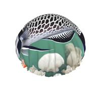 Cuffia da a da donna a doppio strato con motivo White Tropical Fish, riutilizzabile, di grandi dimensioni, adatta a tutte le lunghezze di capelli, adatta per ragazze, spa e saloni di bellezza a casa.