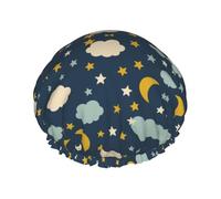 Cuffia da a elastica a doppio strato con luna, stelle e nuvole, riutilizzabile, impermeabile, per tutte le lunghezze dei capelli