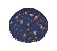 Cuffia da a elastica a doppio strato con stelle e pianeti celestiali, riutilizzabile, impermeabile, per tutte le lunghezze dei capelli