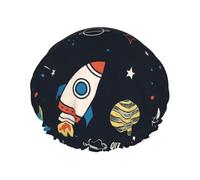 Cuffia da a impermeabile a doppio strato con motivo a cartoni animati per capelli lunghi da donna, Rocket and Planet