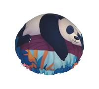 Cuffia da a impermeabile a doppio strato con motivo a cartoni animati, per donna, con simpatico panda appollaiato su una foglia e capelli lunghi