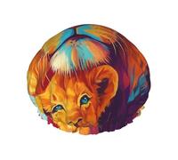 Cuffia da a impermeabile a doppio strato, riutilizzabile, per capelli lunghi, con motivo a leone e cucciolo dei cartoni animati