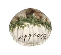 Cuffia da a impermeabile con fodera a doppio strato, due coniglietti e ghirlande verdi su stampe color crema