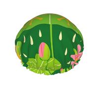 Cuffia da a impermeabile riutilizzabile a doppio strato per capelli lunghi da donna "Frog and Lotus in the Rain"