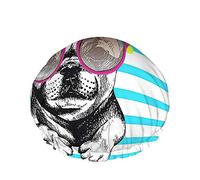 Cuffia da a per cani Stripe Bulldog francese con occhiali da sole Hello Summer Cuffie da bagno grandi per donna Uomo Ragazze Capelli lunghi Cappelli riutilizzabili impermeabili Blu Giallo Bianc