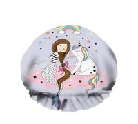 Cuffia da a per donna disegnata a mano con unicorno e sirena seduta su una nuvola rosa, stelle arcobaleno, doppia cuffia da bagno impermeabile, riutilizzabile e impermeabile