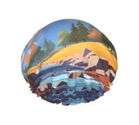 Cuffia da a riutilizzabile con paesaggio dei cartoni animati - cuffia da a a doppio strato impermeabile, elastica, ecologica per uso quotidiano