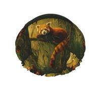 Cuffia da a riutilizzabile impermeabile con panda rosso che riposa su una cuffia da bagno in bambù con doppia protezione per i capelli