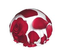 Cuffia da bagno con stampa di petali di rosa rossa per capelli lunghi e corti, lavabile, fascia elastica da bagno per capelli lunghi, treccia