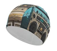 Cuffia da bagno vintage con radio boombox, cuffie da nuoto ad alta elasticità, adatte sia per capelli lunghi che corti, comoda cuffia da a grande per ridurre la resistenza e proteggere i capelli.