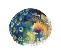 Cuffia da doccia a doppio strato con pittura ad acquerello pavone per donne riutilizzabile adatta per bagni spa