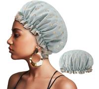 Cuffia da doccia a doppio strato da donna, con fascia elastica, riutilizzabile, in plastica impermeabile, con volant, adatta per capelli lunghi, corti e ricci (cuore verde)