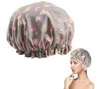 Cuffia da doccia a doppio strato da donna, con fascia elastica, riutilizzabile, in plastica impermeabile, con volant, adatta per capelli lunghi, corti e ricci (fenicottero grigio)