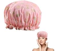 Cuffia da doccia a doppio strato da donna, con fascia elastica, riutilizzabile, in plastica impermeabile, con volant, adatta per capelli lunghi, corti e ricci (fenicottero rosa)