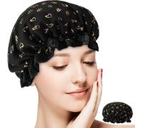 Cuffia da doccia a doppio strato da donna, impermeabile, riutilizzabile, con fascia elastica, bordi increspati che coprono le orecchie per capelli lunghi, corti e ricci (cuore nero)