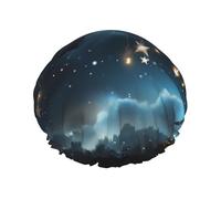 Cuffia da doccia a doppio strato da donna, riutilizzabile, elastica, da bagno, per cielo notturno, con luna e stelle, impermeabile, da donna, per spa e salone di bellezza