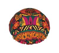 Cuffia da doccia a doppio strato da donna, riutilizzabile, elastica, per bagno, arte popolare messicana, bohémien, impermeabile, da donna, per spa, salone, doccia