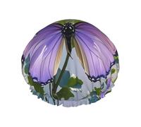 Cuffia da doccia a doppio strato da donna, riutilizzabile, elastica, per vasca da bagno, bella farfalla viola floreale, impermeabile, da donna, per spa, salone, doccia