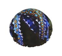 Cuffia da doccia a doppio strato per donne, cuffia da bagno elastica riutilizzabile cuffia da bagno blu con anelli di polpo tappi per capelli impermeabili da donna spa salone doccia tappi per capelli