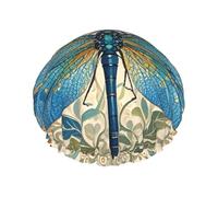 Cuffia da doccia a doppio strato per donne, cuffia da bagno elastica riutilizzabile dipinta a mano con libellula blu impermeabile da donna spa salone doccia cappelli per capelli