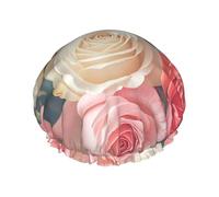 Cuffia da doccia a doppio strato per donne, riutilizzabile, elastica, da bagno, con rose, colore morbido, impermeabile, da donna, per spa e salone di bellezza