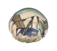 Cuffia da doccia a doppio strato per donne, riutilizzabile, elastica, da bagno, scena da spiaggia, con sedie, tappi per capelli, impermeabile, da donna, spa e salone