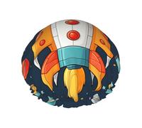 Cuffia da doccia a doppio strato per le donne, riutilizzabile elastico da bagno cuffia da bagno razzo clipart Space Ship tappi per capelli impermeabili signore spa salone doccia cappelli per capelli