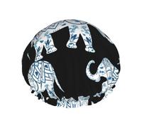 Cuffia da doccia a doppio strato, riutilizzabile, con stampa di elefanti, colore blu, per mantenere i capelli asciutti, si adatta a tutte le teste