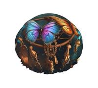 Cuffia da doccia a forma di farfalla, con acchiappasogni, da donna, a doppio strato, spessa, riutilizzabile, impermeabile, con fascia elastica, lavabile, per uomini e donne, salone spa