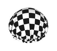 Cuffia da doccia a strisce bianche e nere a scacchi da donna e da uomo, riutilizzabili, impermeabili, antiscivolo, ad asciugatura rapida, grande cuffia per capelli lunghi e corti