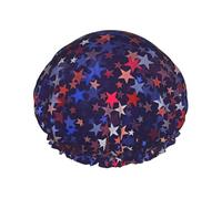 Cuffia da doccia americana con stelle rosse e blu, da donna, da uomo, riutilizzabile, impermeabile, antiscivolo, ad asciugatura rapida, grande, per capelli lunghi e corti