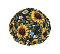 Cuffia da doccia classica con margherita e girasole, da donna, riutilizzabile, a doppio strato, con fascia elastica per capelli lunghi, cuffia da bagno per doccia