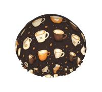 Cuffia da doccia classica con stampa cappuccino da donna, riutilizzabile, a doppio strato, con fascia elastica per capelli lunghi, cuffia da bagno per doccia