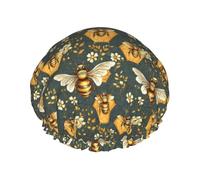 Cuffia da doccia classica con stampa di api floreali per donne, riutilizzabile a doppio strato, fascia elastica per capelli lunghi, cuffia da bagno per doccia