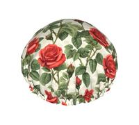 Cuffia da doccia classica con stampa di rose rosse, da donna, riutilizzabile, a doppio strato, con fascia elastica per capelli lunghi, cuffia da bagno per doccia