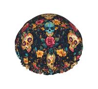 Cuffia da doccia classica con stampa floreale e teschio, da donna, riutilizzabile, a doppio strato, con fascia elastica per capelli lunghi, cuffia da bagno per doccia