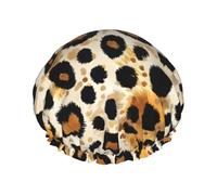 Cuffia da doccia classica con stampa leopardata per donne, riutilizzabile a doppio strato, fascia elastica per capelli lunghi, cuffia da bagno per doccia