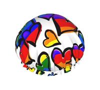 Cuffia da doccia colorata arcobaleno con stampa di cuori del gay pride, cuffia da doccia foderata per le donne riutilizzabile, cuffia da bagno impermeabile a doppio strato