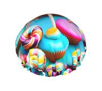 Cuffia da doccia colorata con dolce lecca-lecca e cupcake con stampa ciambella, da donna, grande, lavabile, con fascia elastica