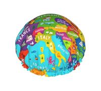 Cuffia da doccia colorata con mappa dell'Europa con stampa a icone, grande, impermeabile, per capelli lunghi, lavabile, fascia elastica da bagno